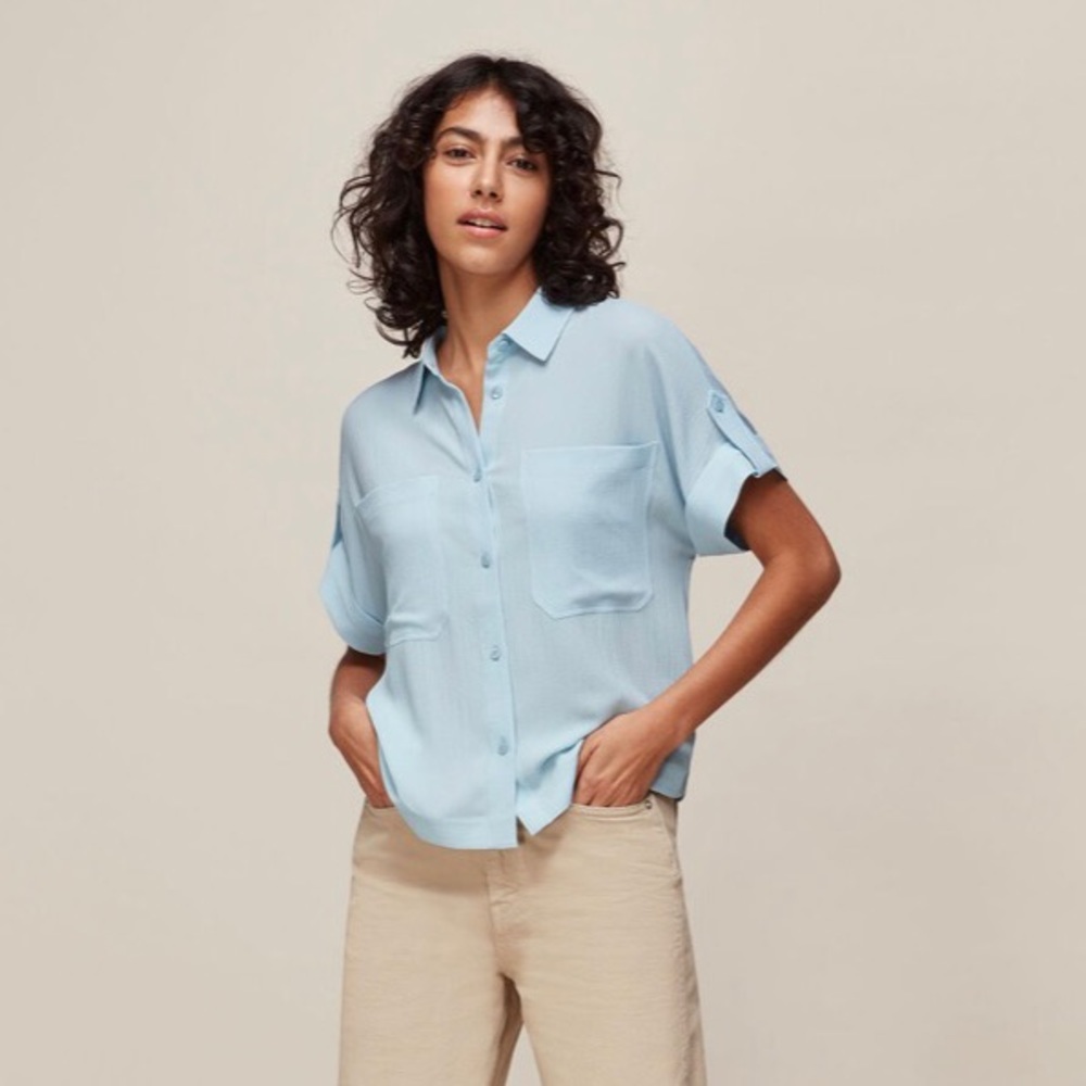 Whistles Textured Short Sleeve Blue Blouse - Picture 1 of 9